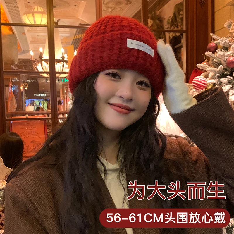 韩国针织帽加厚保暖红色毛线帽大头围纯色包头帽帽子女士