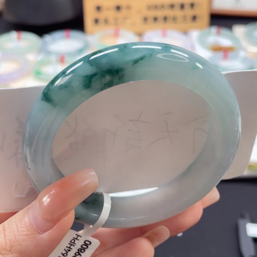 未镶嵌手镯翡翠57.5水润冰胶水墨蓝花32号