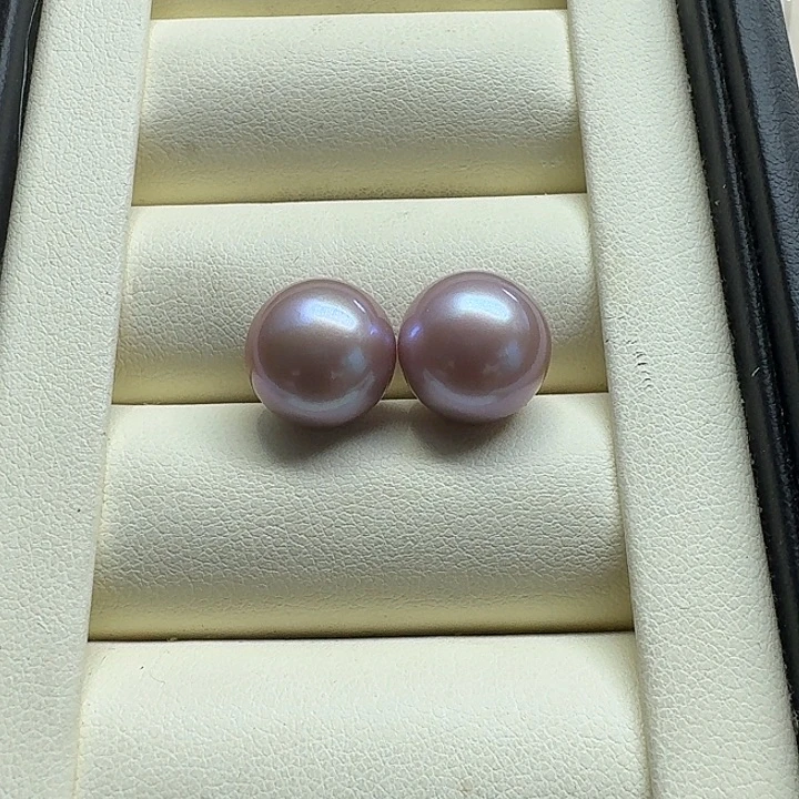 18K金镶嵌淡水珍珠耳饰18k紫珠耳钉12-12.5mm