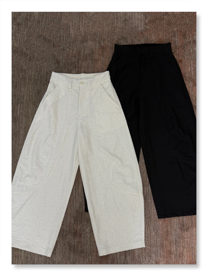 Uninhabitable半松紧腰弯刀裤薄款亚麻老钱风松弛感女装贵气裤子