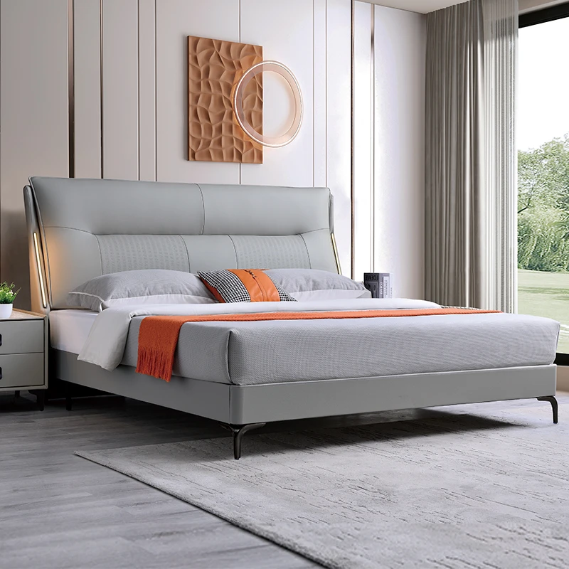 意式真皮床现代简约主卧双人大床奶油风储物婚床主卧大床家用皮床