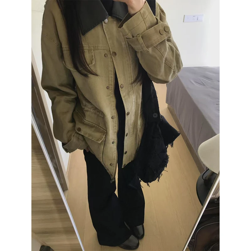 美式复古工装夹克外套女2025秋季新款巴恩风大口袋拼接皮领风衣潮