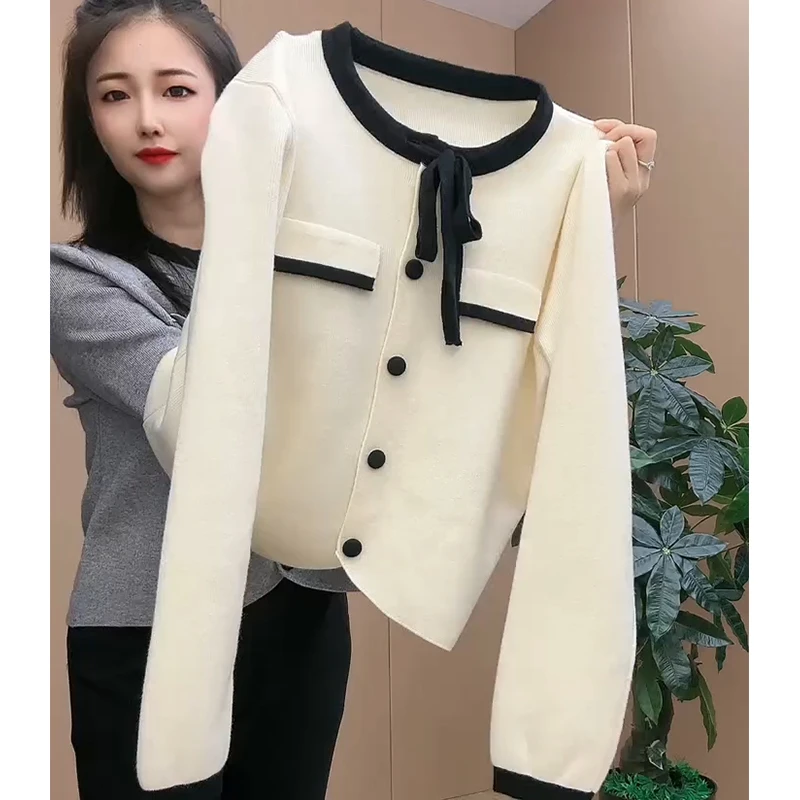 大码圆领小香风针织开衫女秋季新款微胖妹妹宽松显瘦百搭减龄上衣