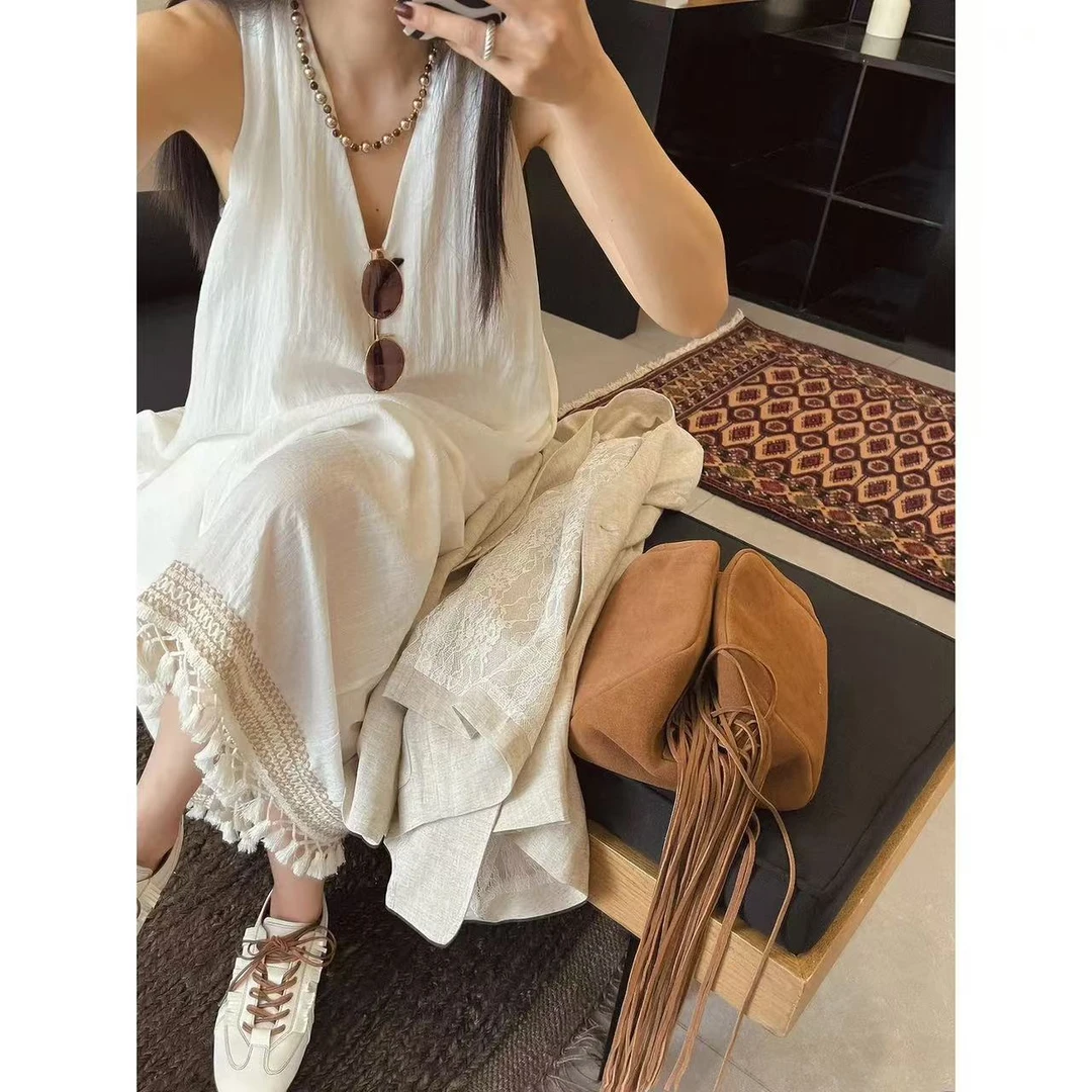 夏季新款亚麻连衣裙女垂感流苏 Y字肩带氛围感度假无袖V字领长裙