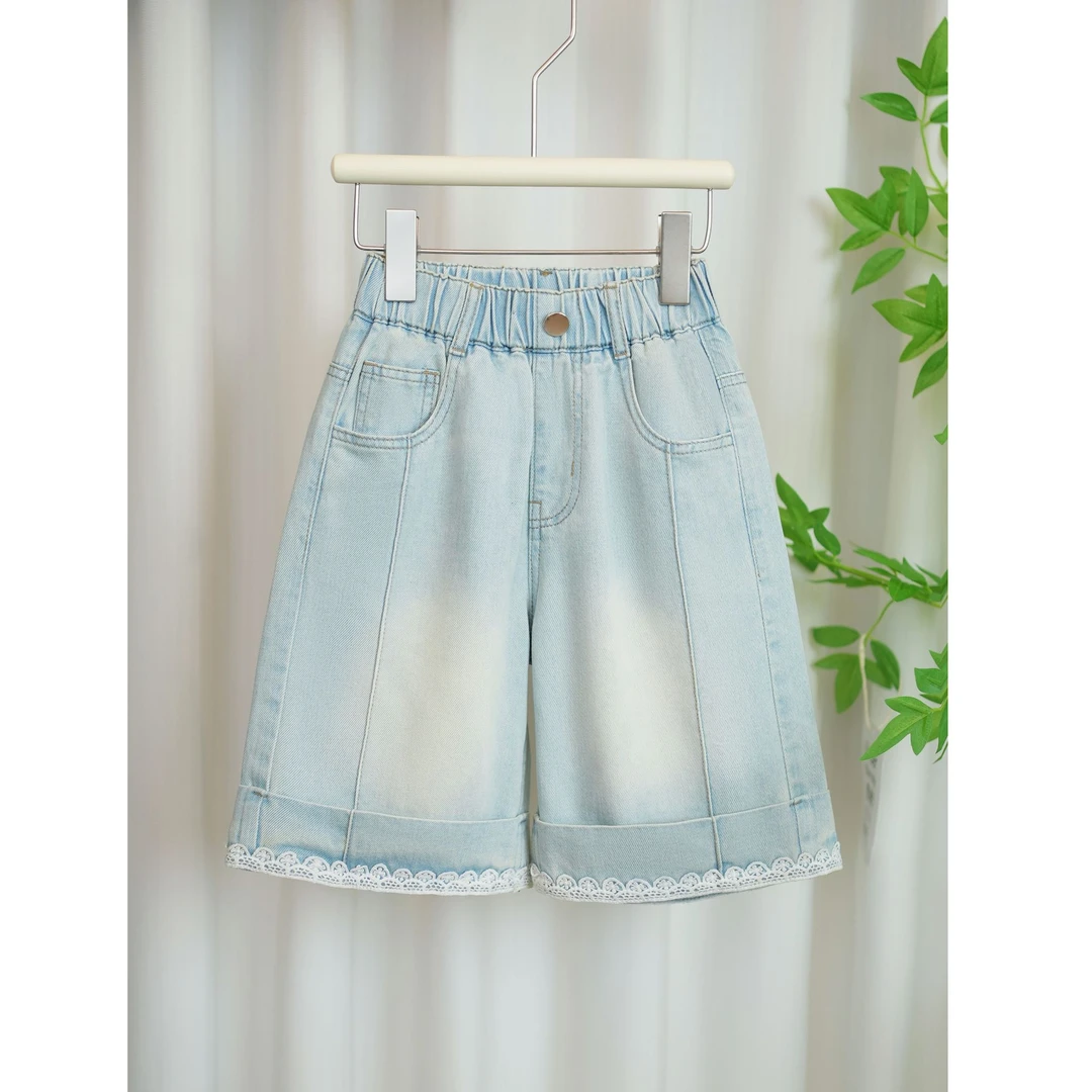 女童夏季牛仔裤2025夏季新款翻边花边款中大童百搭牛仔五分裤A064