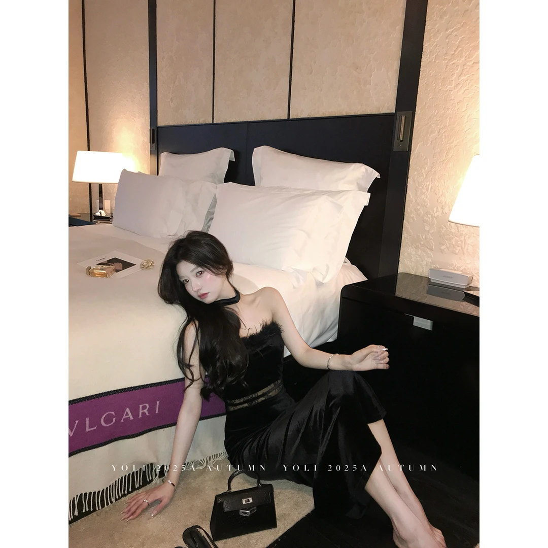 YOLI张宥利"小步舞曲"黑色连衣裙女冬气质高级感修身显瘦抹胸长裙