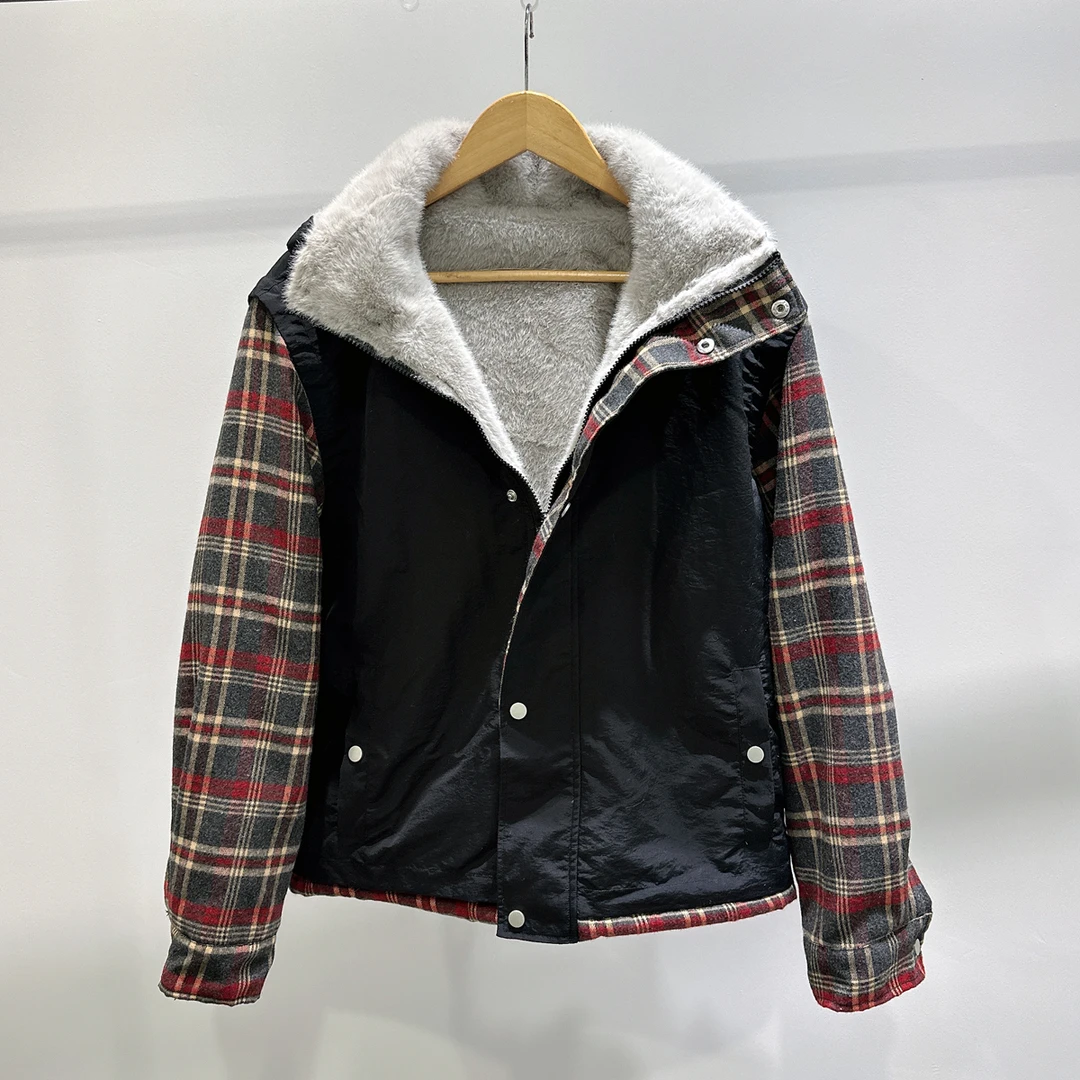 1时尚拼接假两件座山雕翻领加绒夹克潮流INS男士冬季宽松保暖外套