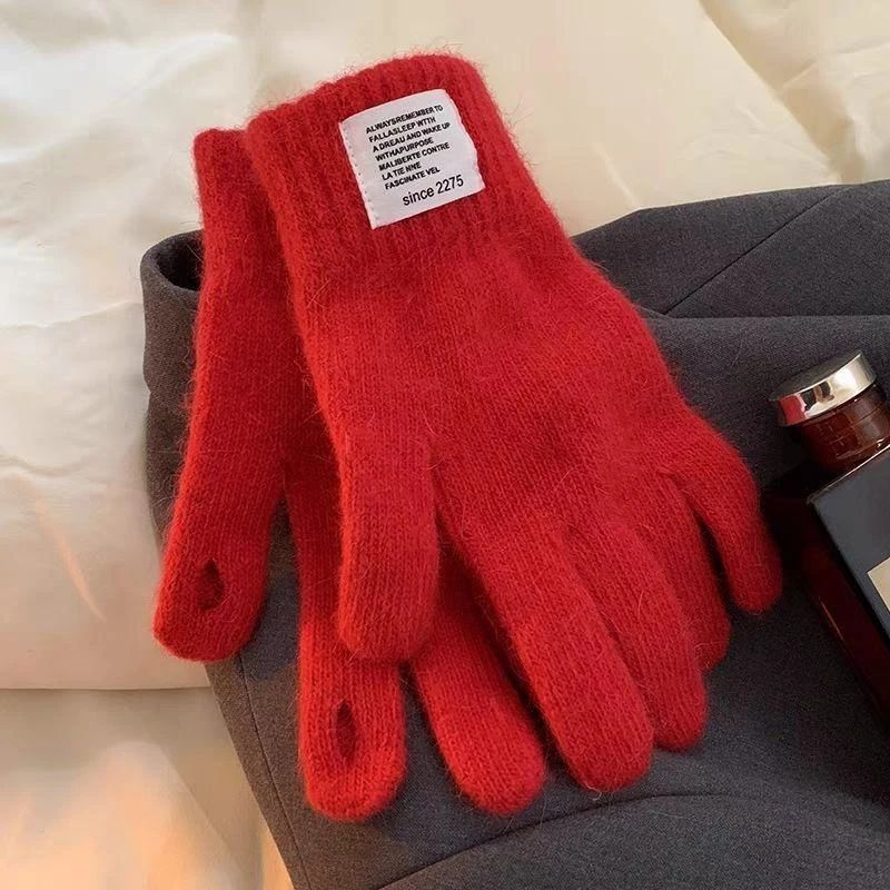 【可触屏】韩版纯色针织手套女冬季高级感保暖毛线毛茸茸防风露指款