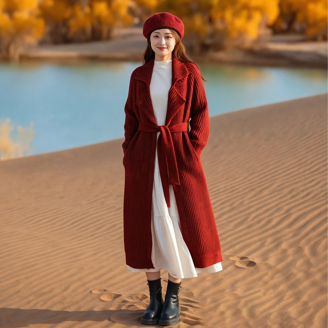 可可原创气质保暖显瘦长款外套女2025冬季新款宽松弹力针织开衫