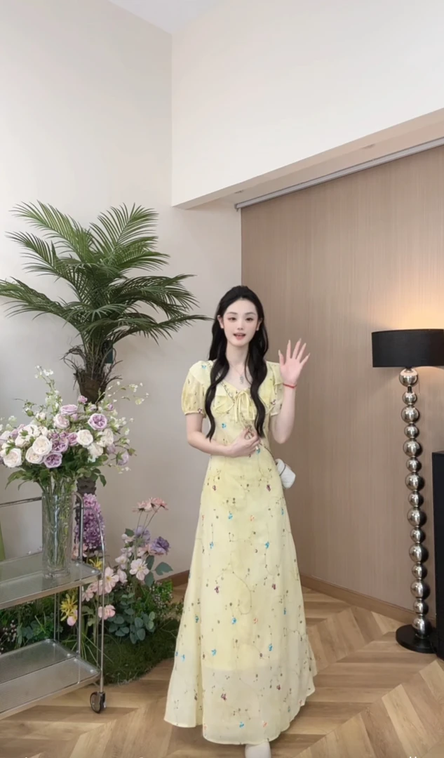 AN.XIN【清浅时光】法式夏季新款木耳边减龄碎花中长款连衣裙9225