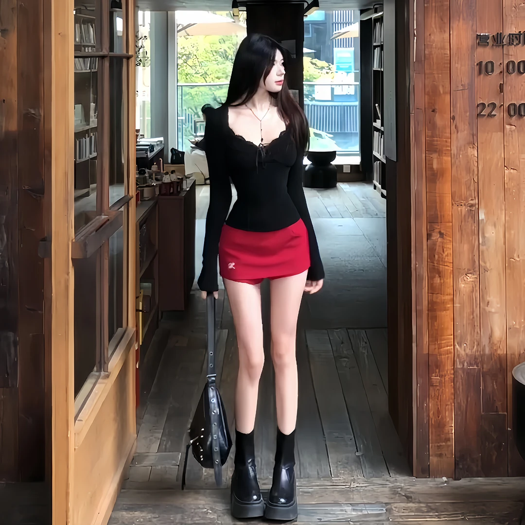 法式气质蕾丝辣妹抹胸蝴蝶结长袖上衣女秋季新款高腰包臀裙两件套