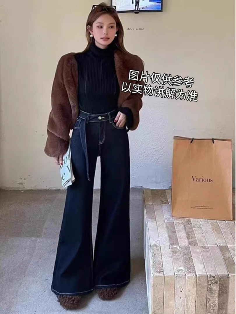 微胖大码女装2025春季新款慵懒风春季高腰设计感牛仔阔腿裤