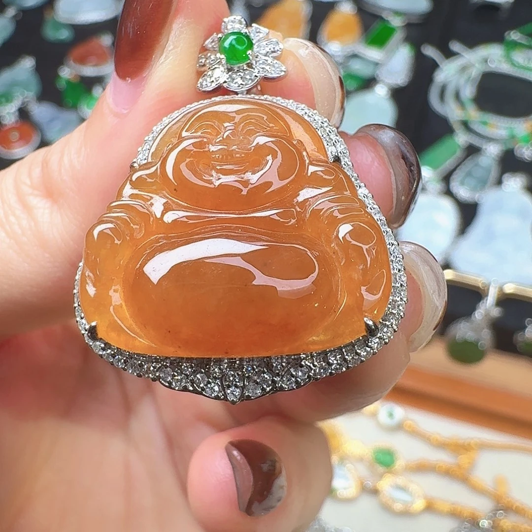 翡翠18K金镶嵌吊坠(赠链)冰黄翡佛公