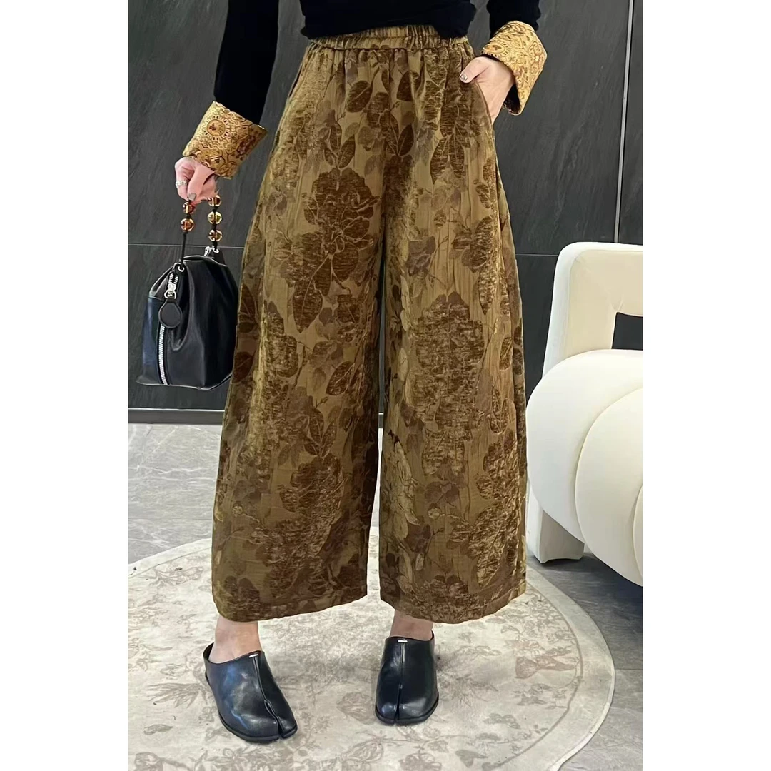 KIKI严选：07722-YER家南油欧货秋季复古雪尼尔茧型裤提花休闲裤