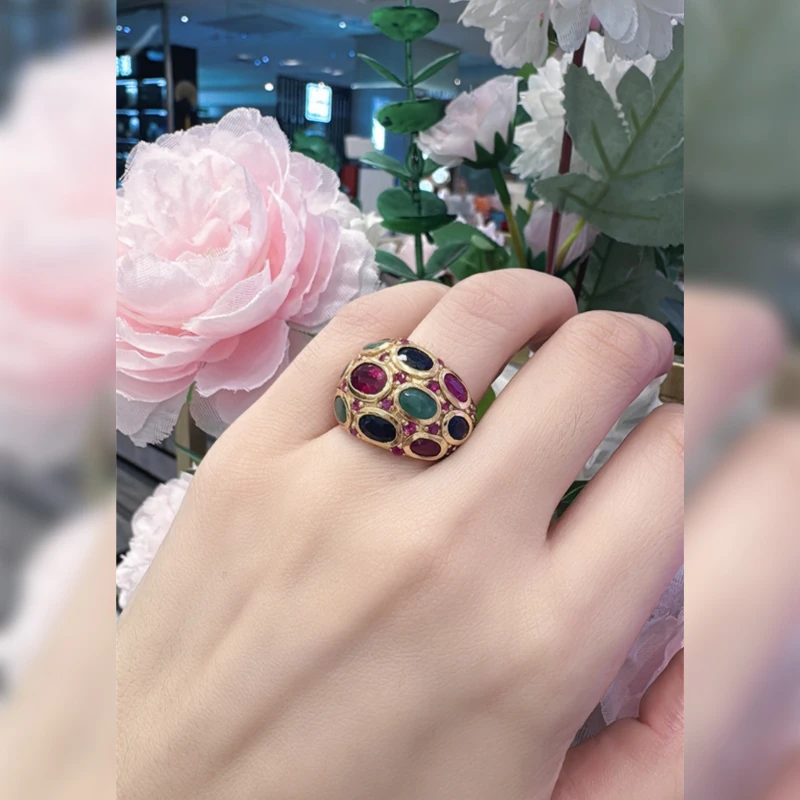 Eloli925银多彩天然宝石指环戒指