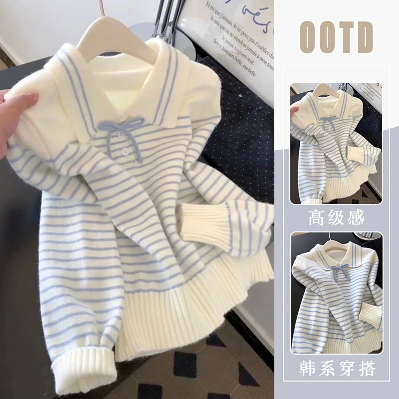 法式甜美漂亮蝴蝶结条纹毛衣女2025冬季新款小个子宽松针织衫上衣