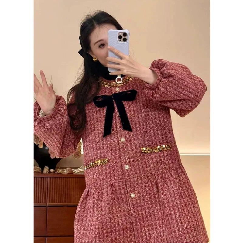 羽绒外套羊毛呢小香风宽松名媛千金连衣裙中长款冬宽松型圆领时尚