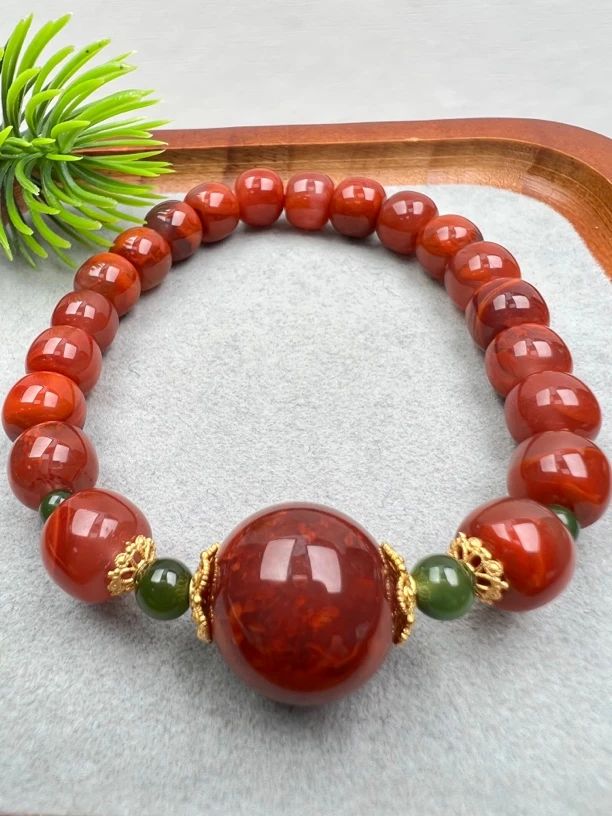 【家喻珠宝】W16南红牛血火焰老型手串8-15mm+