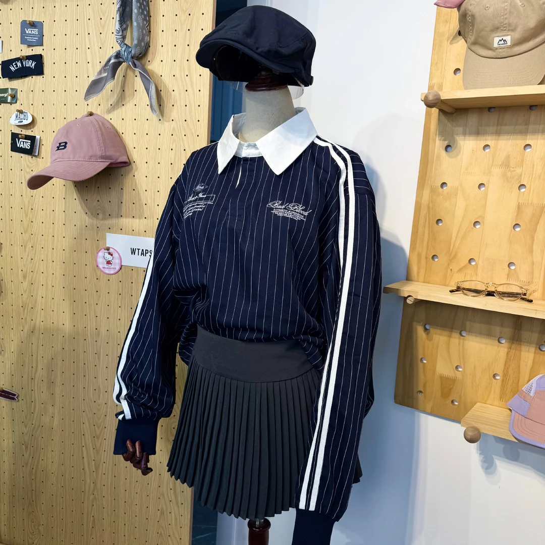 韩版学院风美式复古条纹卫衣女衬衫女polo翻领长袖衬衣外套上衣潮