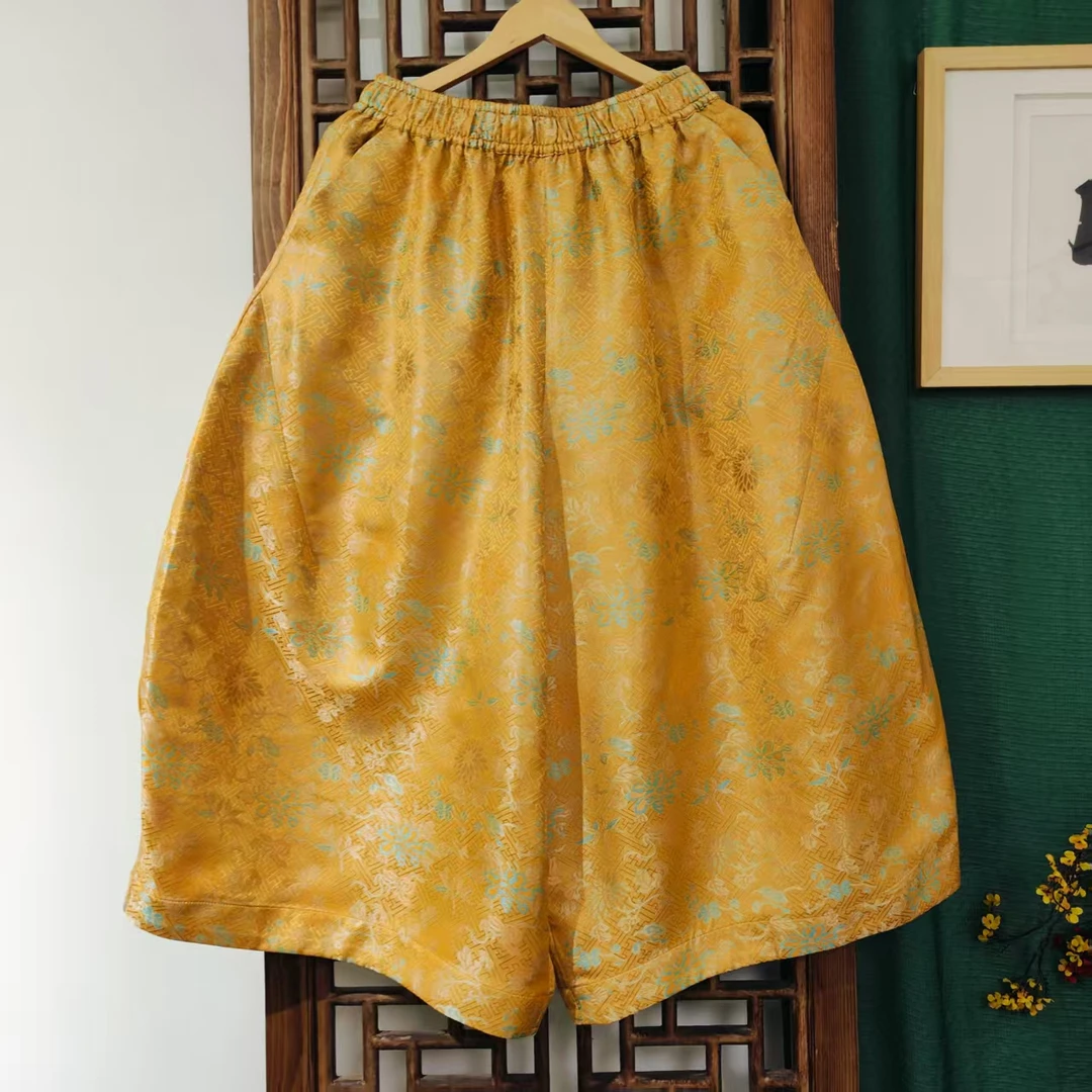 凤徕兮私人定制黄底绿色暗纹花全松紧花苞裤（SK5311）单