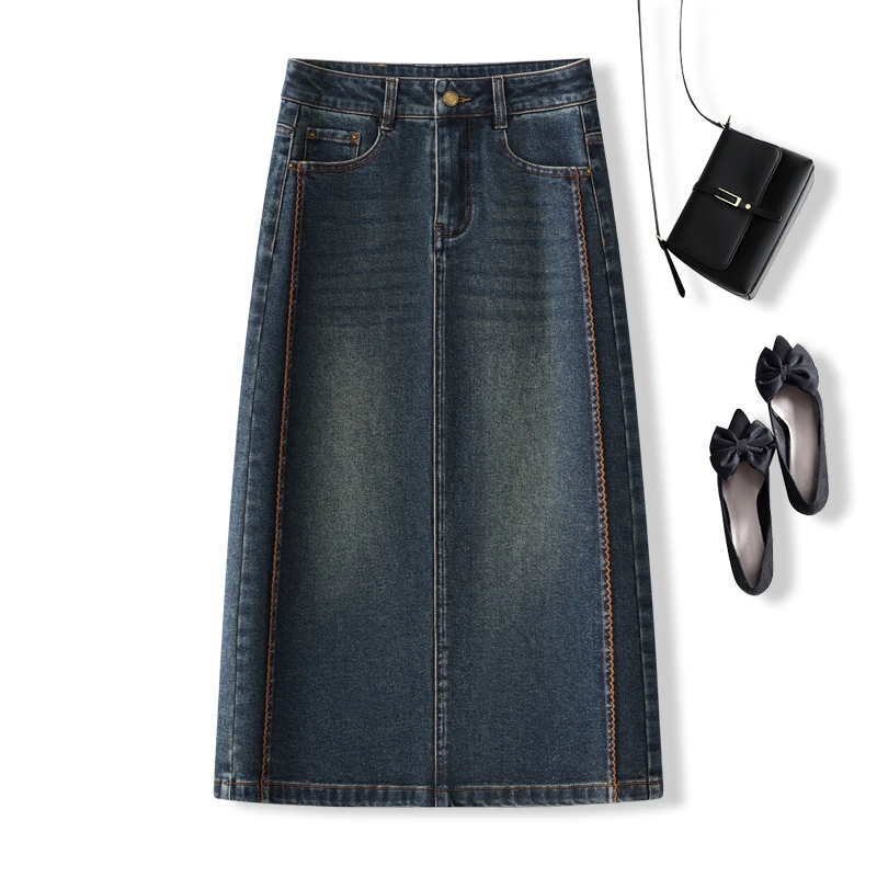 复古蓝色牛仔半身裙女秋2025新款秋季a字包臀裙高腰开叉直筒裙子