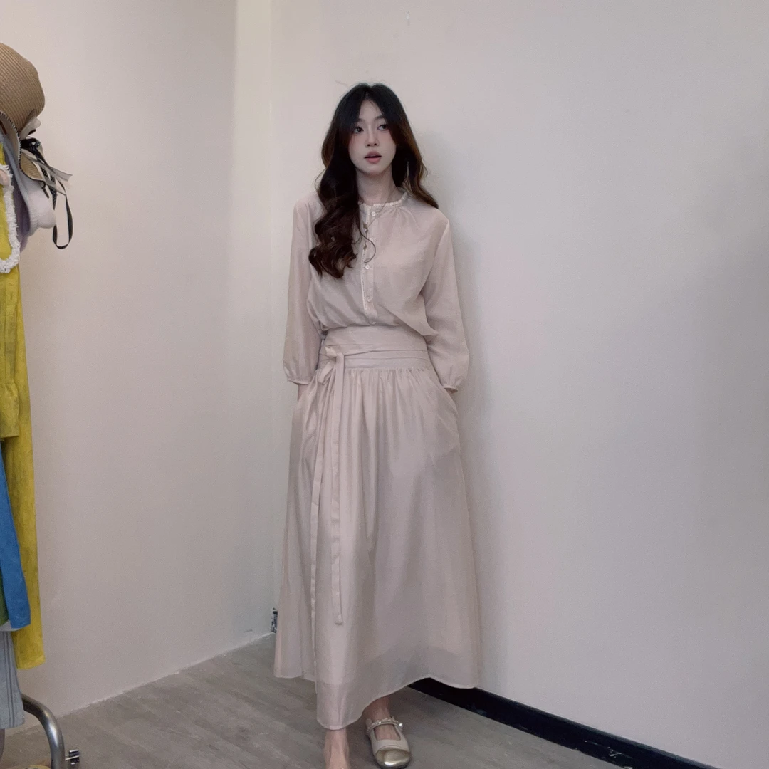 禅意茶歇风套装时尚简约衬衫连衣裙套装复古法式收腰气质温柔