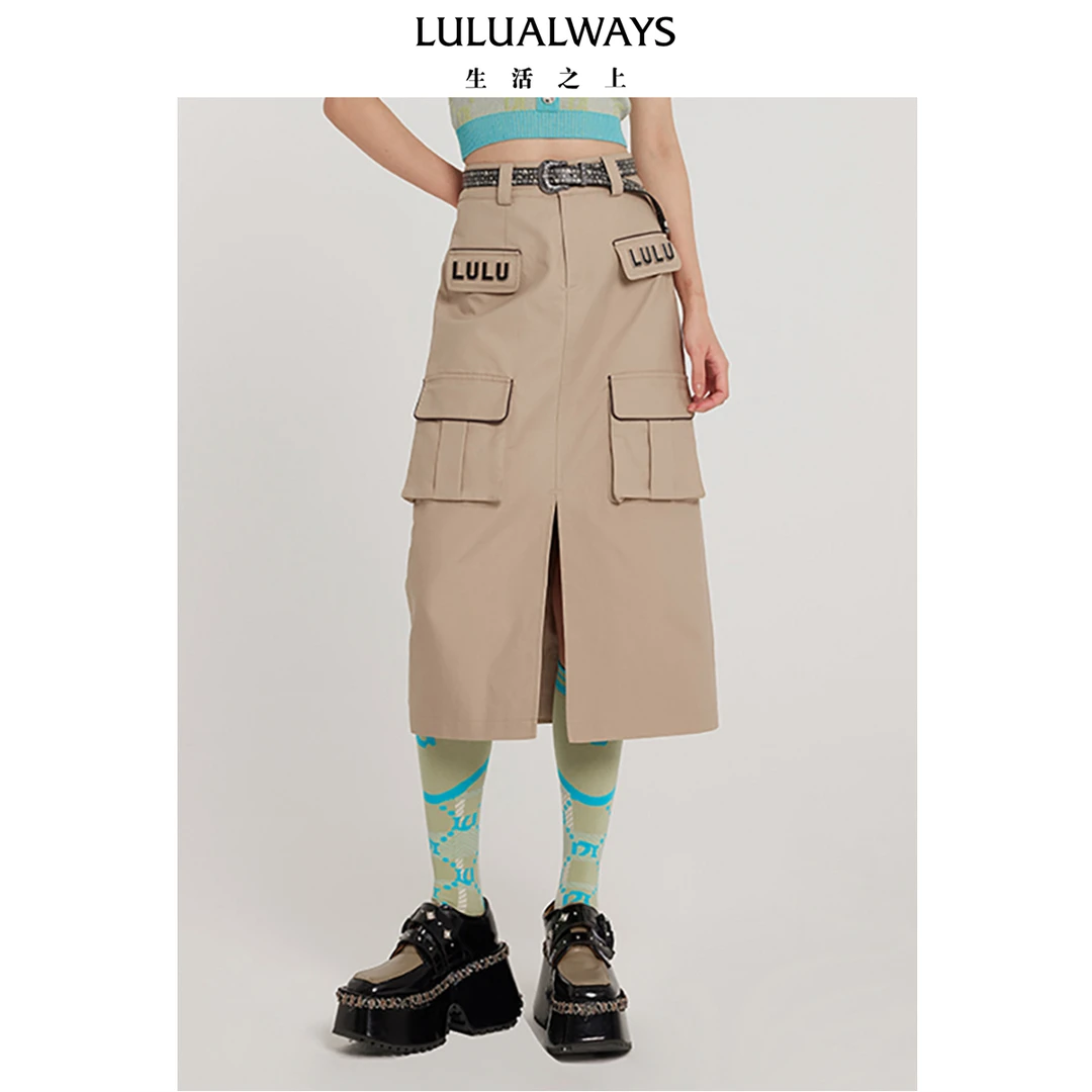 LULUALWAYS春季新款前开叉工装半裙长半裙