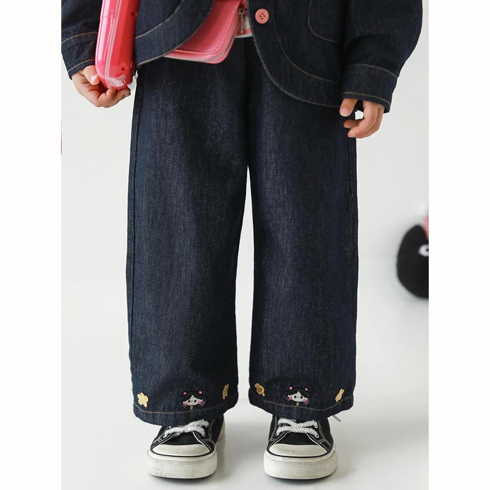 幼悠女童秋装时尚牛仔裤洋气可爱超萌儿童裤脚绣花休闲裤子Q4490