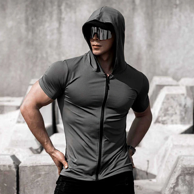 潮牌运动短袖男速干连帽服拉链开衫T恤弹力骑行透气收袖口健身衣