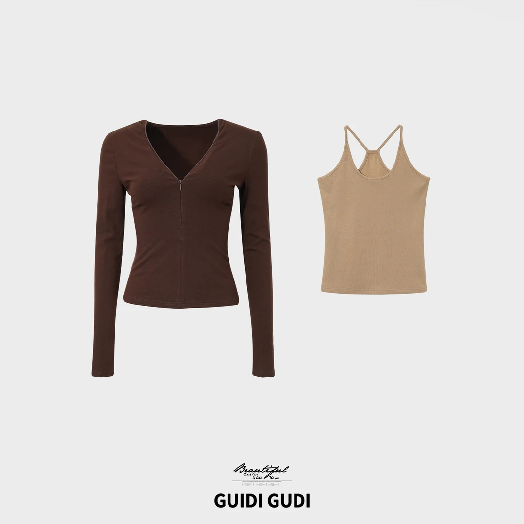 GUIDI GUDI【昼虎】时尚V领两件套套装/黄加蓝