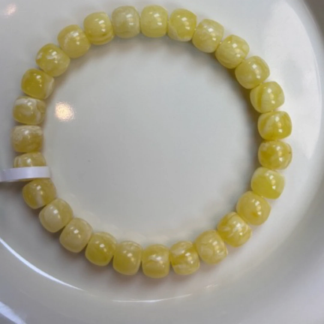 鸡油黄白花纹蜜蜡精工归圆老型珠单圈手串