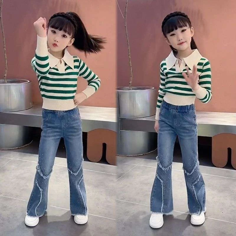 女童条纹polo针织衫套装新款洋气中大童镶钻牛仔喇叭裤两件套