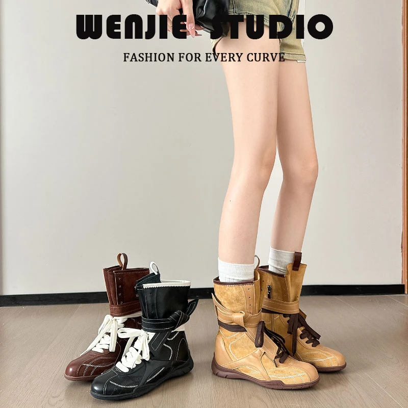 复古美拉德中筒靴2025年新款夏季增高马丁靴撞色运动底短靴拳击靴