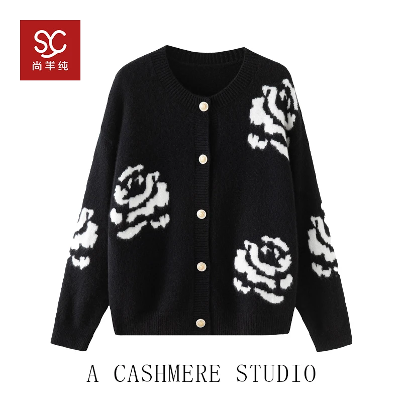 山羊绒开衫黑色圆领宽松针织外套针织开衫黑色秋冬时尚百搭羊绒衫