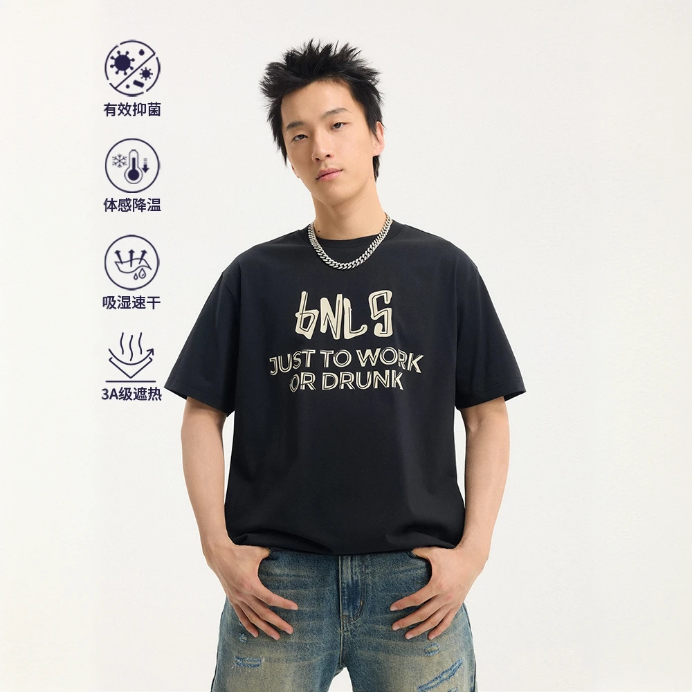 BONELESS趣味标语休闲复古宽松印花圆领夏季透气美式短袖T恤