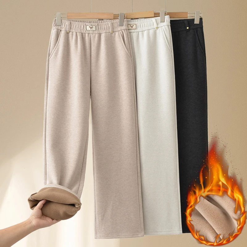 妈妈裤子秋冬洋气加绒加厚宽松中老年女裤保暖休闲奶奶高腰直筒裤