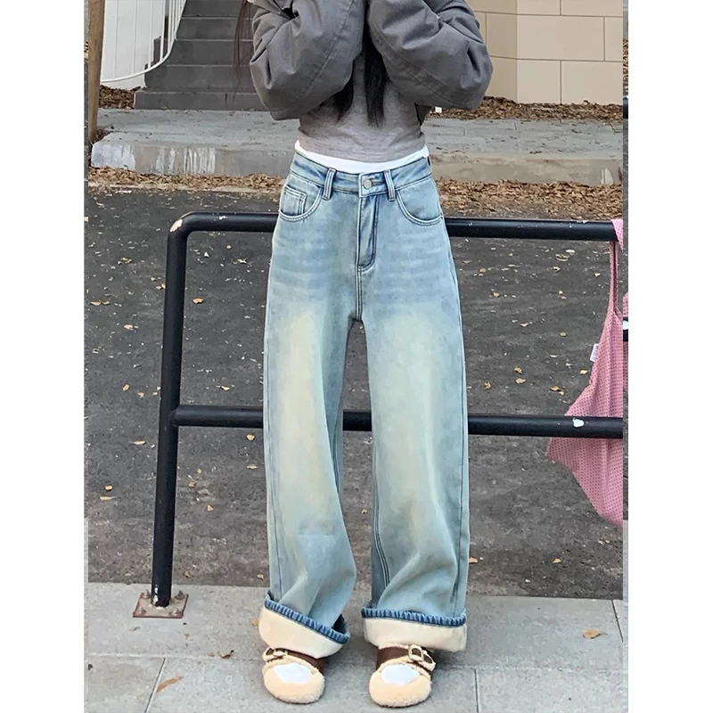 浅蓝色加绒牛仔裤女秋冬高腰直筒阔腿显瘦休闲百搭冬季爆款阔腿裤