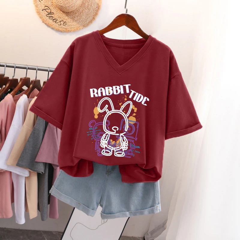 宽松oversize夏季大码V领纯棉短袖t恤女装设计感小众显瘦遮肚上衣