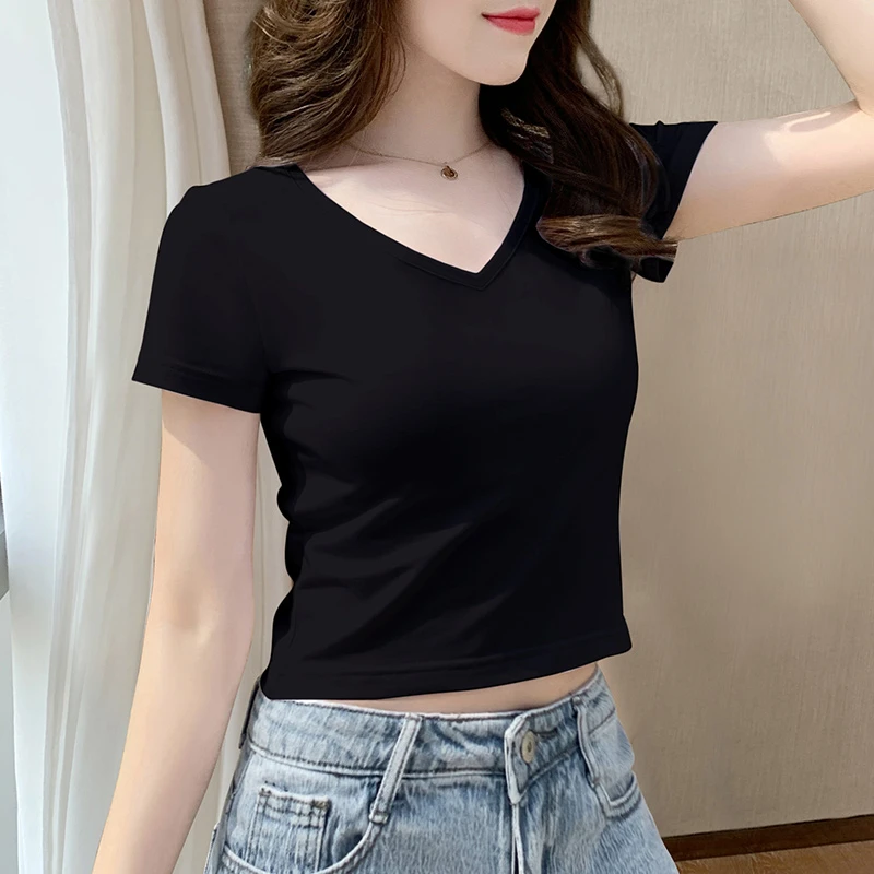 黑色v领短款t恤女短袖修身显瘦夏季高腰纯棉露脐上衣夏2025年新款