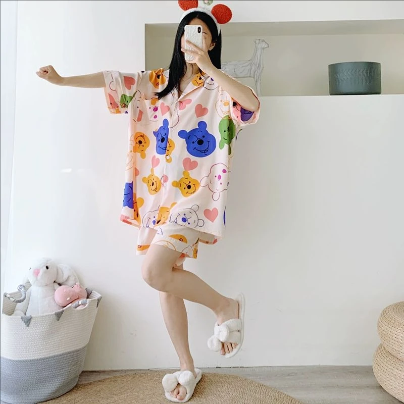 夏季绵绸加大码V领睡衣女开衫短袖短裤两件套宽松胖MM200斤家居服