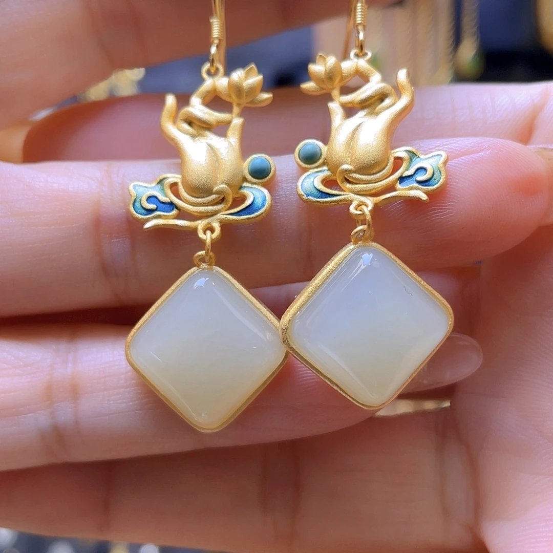 和田玉银S925镀金镶嵌耳饰