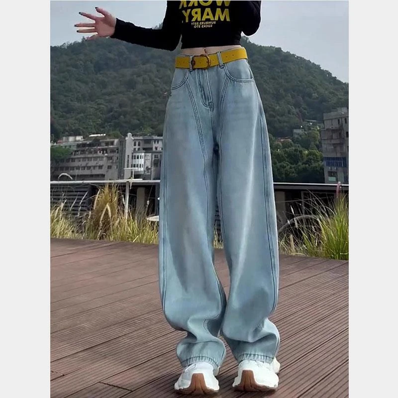 浅色阔腿牛仔裤女士2025春季新款大码胖mm高腰显瘦美式弯刀拖地裤