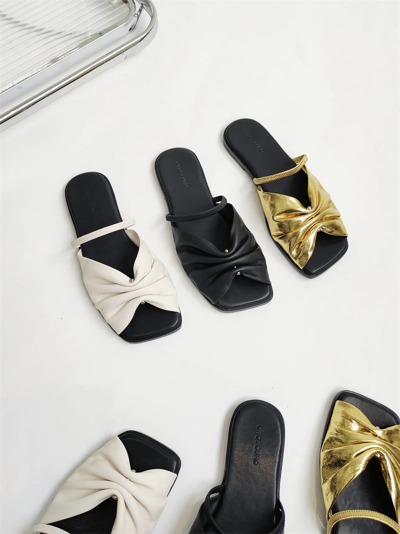 慕林娜 夏季褶皱软糯平底露趾外穿拖鞋时尚百搭凉拖女50501