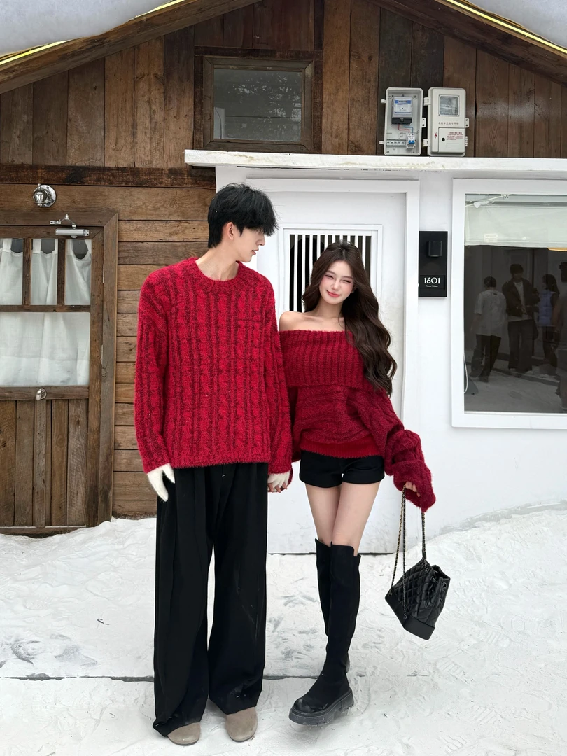 宽松型情侣装冬季秋季时尚网红宽松套头红色过年