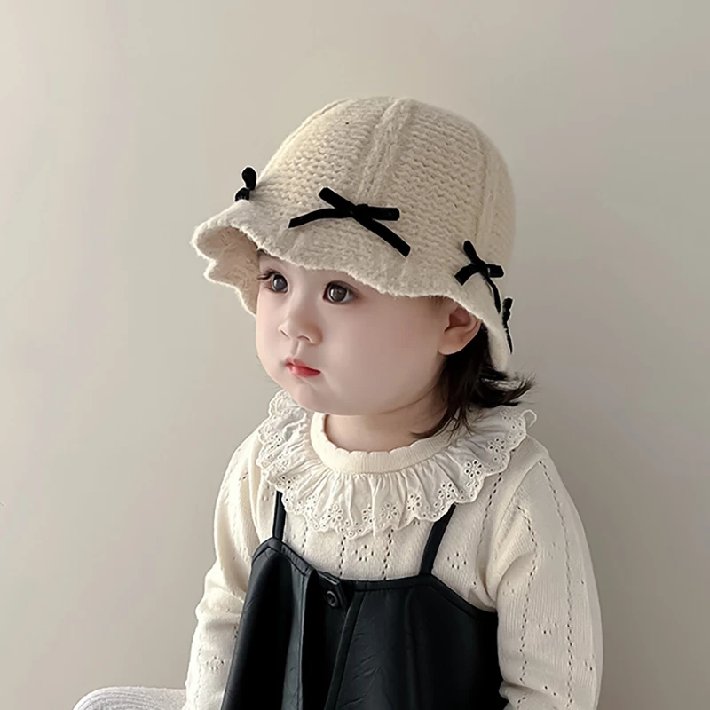 韩国甜美蝴蝶结女童帽子秋冬季保暖防风针织渔夫帽女宝宝毛线盆帽