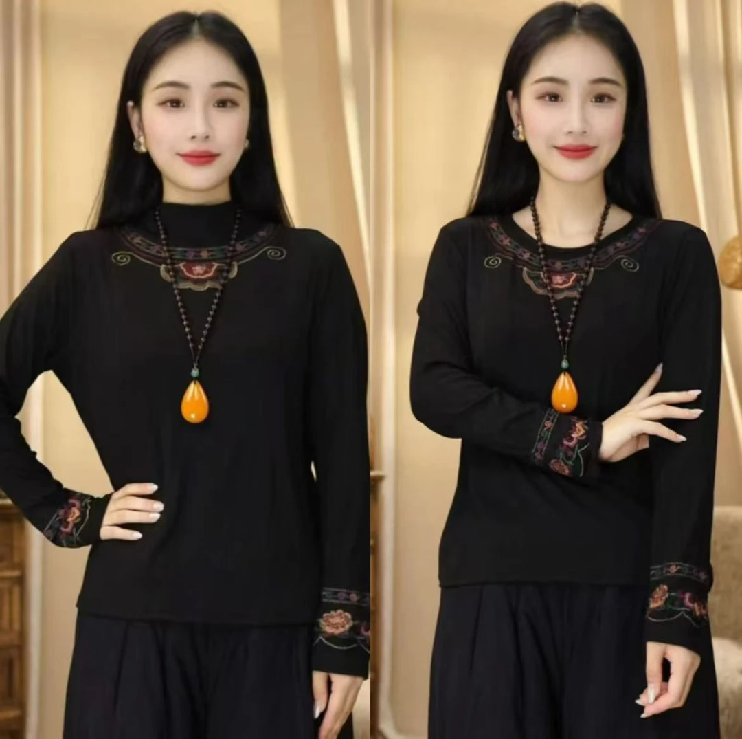 无品牌引卷  秋冬复古高领打底衫女刺保暖打底衫长袖上衣