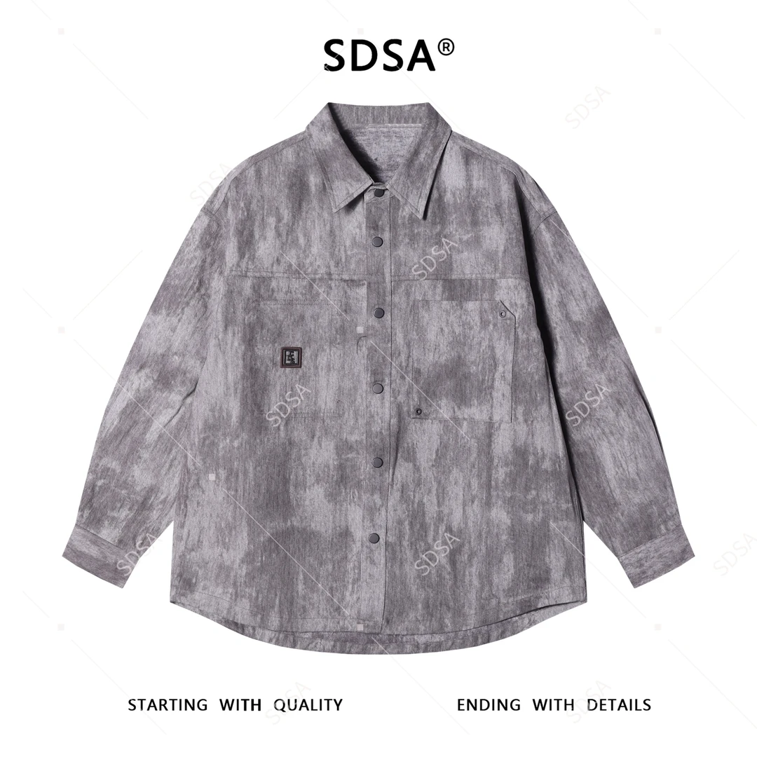 SDSA秋冬新款痞帅男装潮牌扎染刺绣字母翻领长袖衬衫百搭时尚衬衣