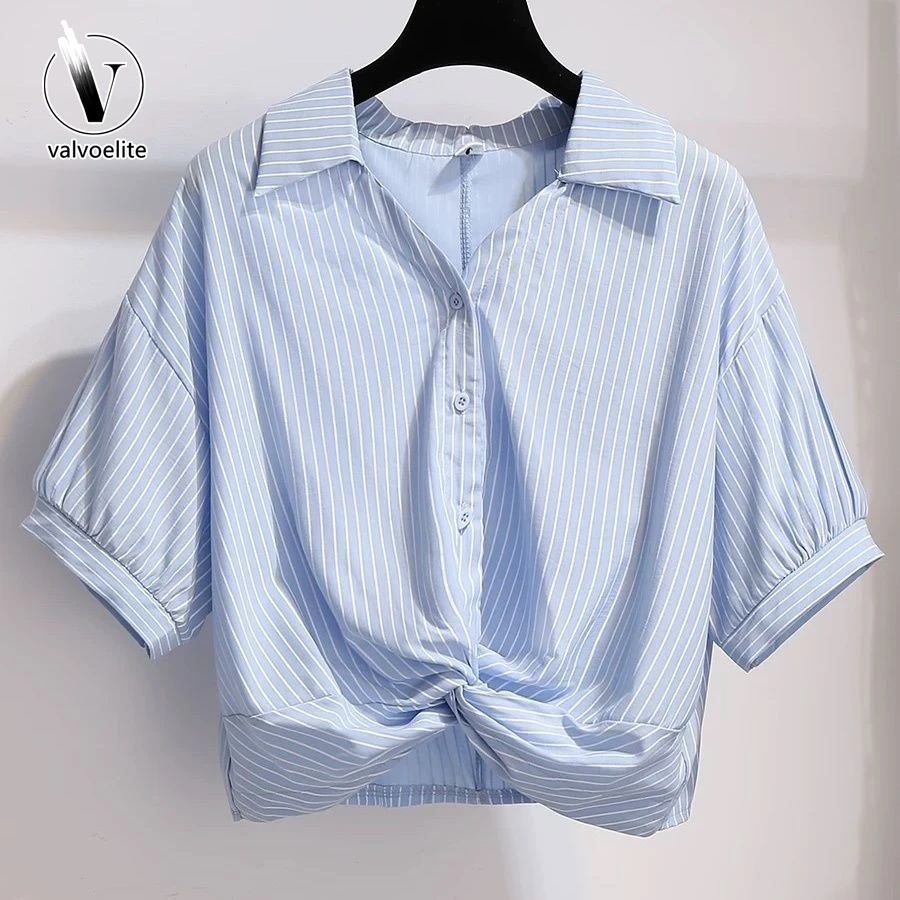 VALVOELITE蓝色衬衫条纹下摆打结短袖上女士夏季条纹女款缎面衬衫