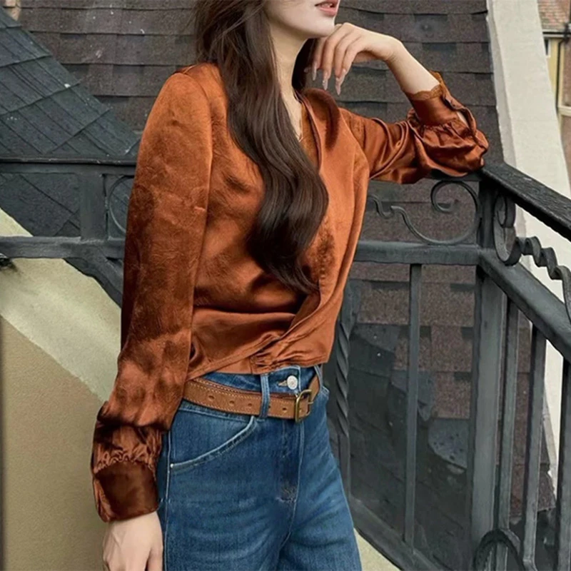 高级感气质V领蕾丝醋酸长袖衬衫女时尚绑带休闲显瘦百搭上衣衬衣