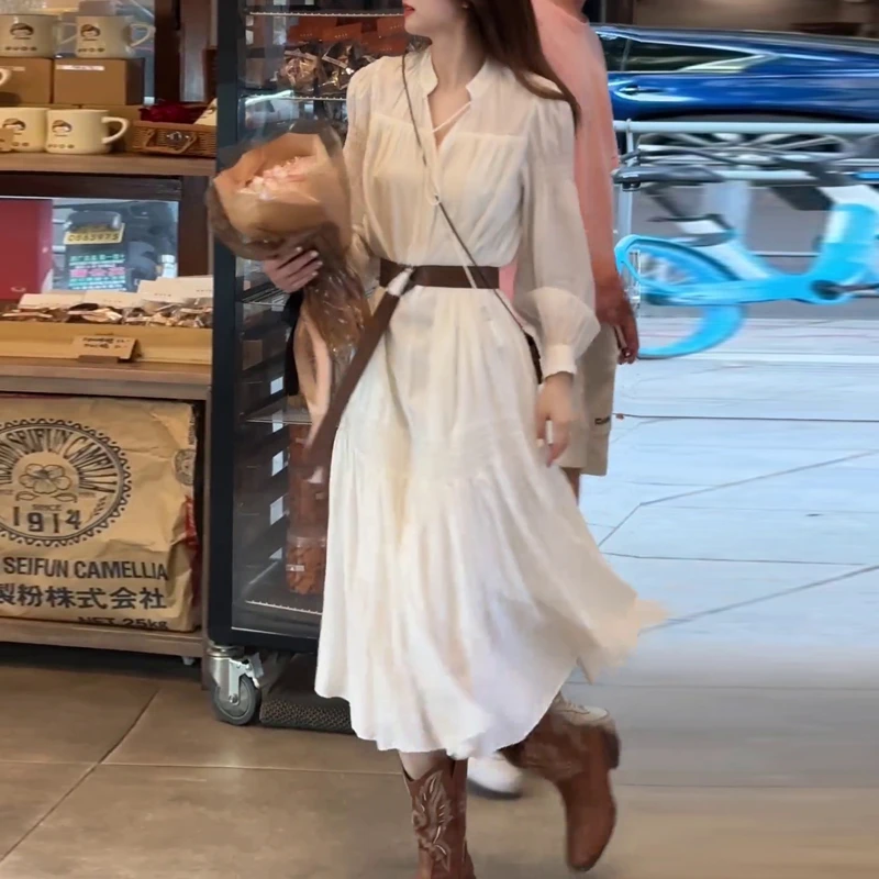 秋季新款胖mm长袖V领不褪色显瘦白色连衣裙大码女装高腰气质裙子